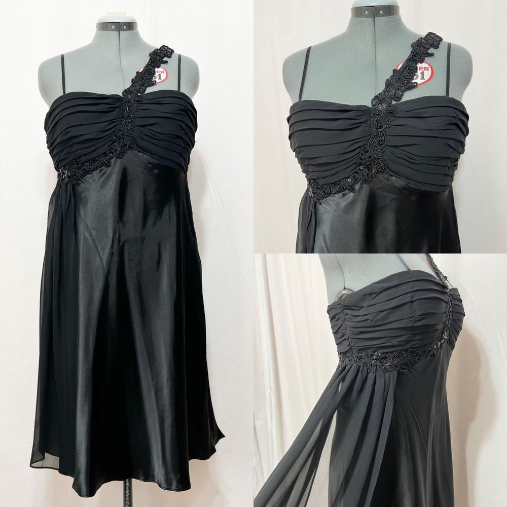 Scarlett Nite NWOT Sz 16 Black One Shoulder Empire Waist Cocktail Dress